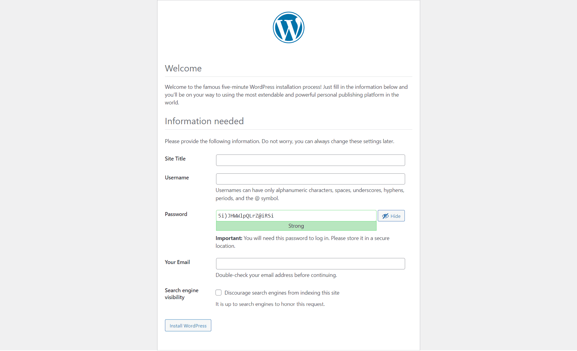 Wordpress setup page